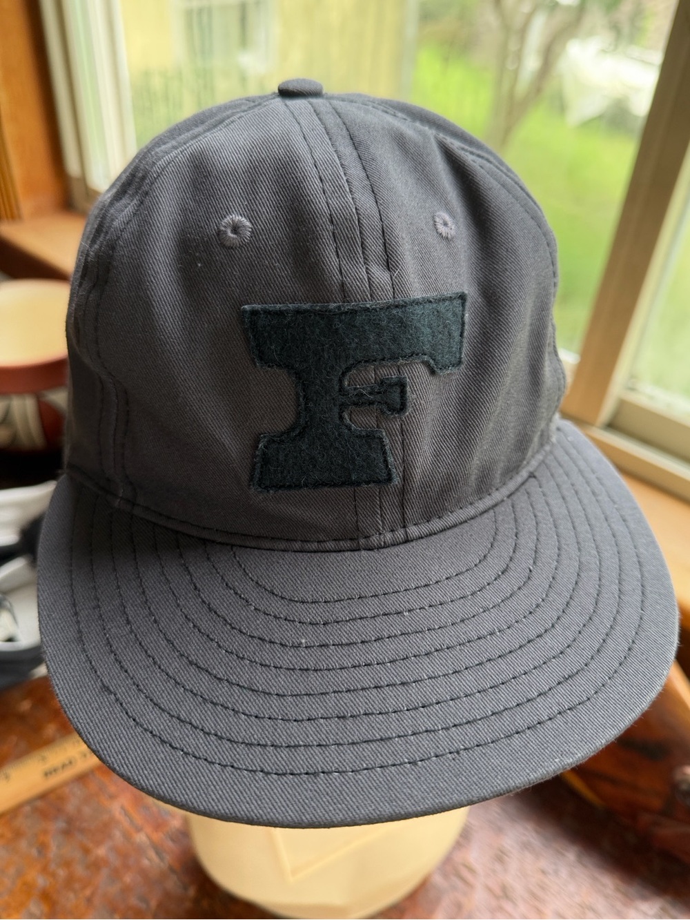 Filson x Ebbets Field Flannels Cap Hat Charcoal F Logo Made USA Leather Strap OS